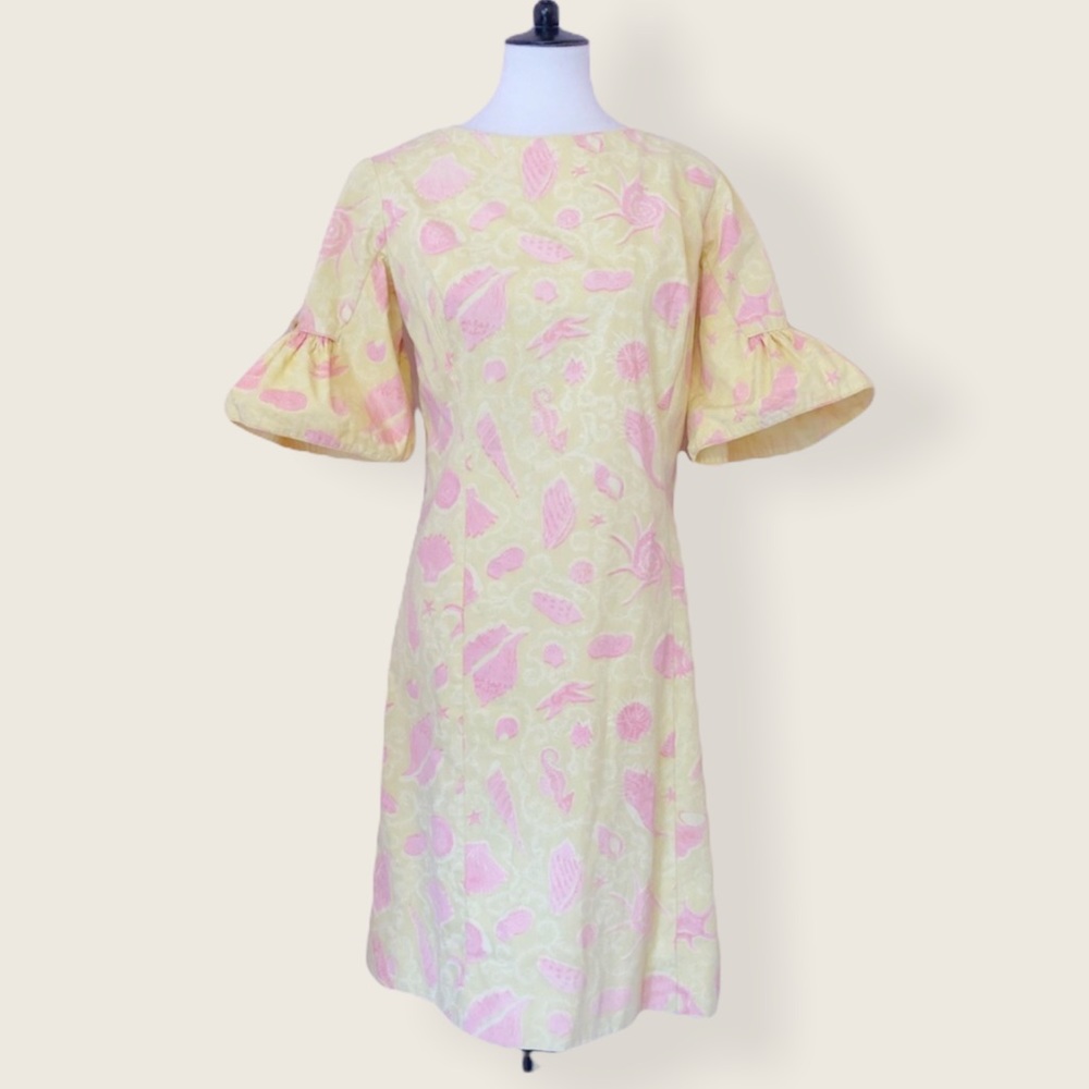 VTG Novelty Beach Print Ruffle Sleeve Dress
